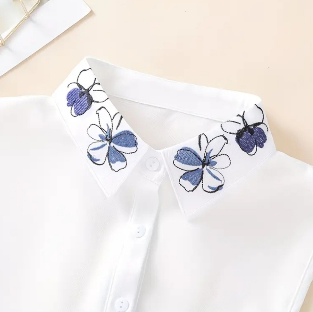 White Women's Button-Up Shirt with Blue Floral Embroidered Collar